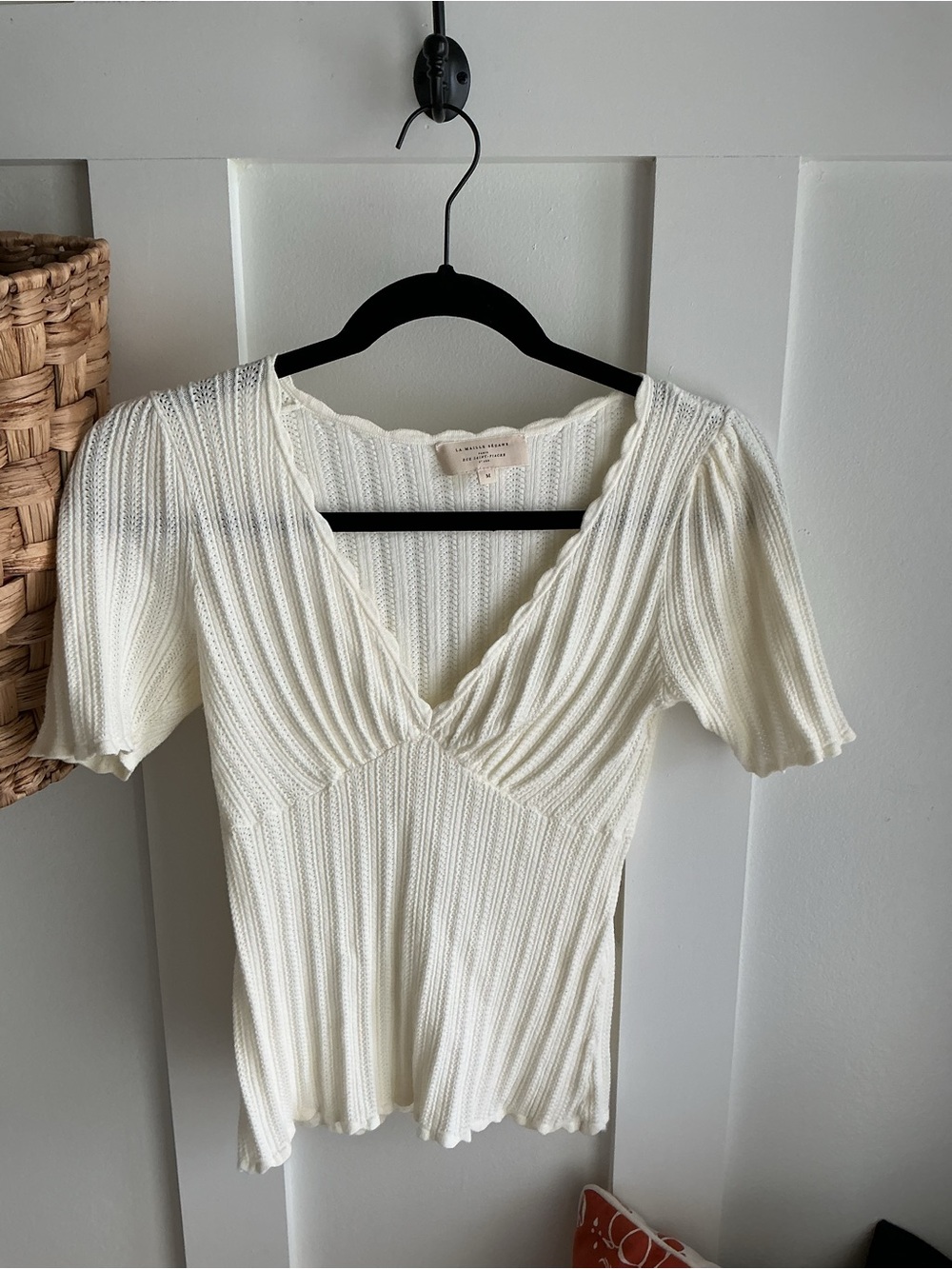 Sezane Cream Ribbed V-Neck Knit Top